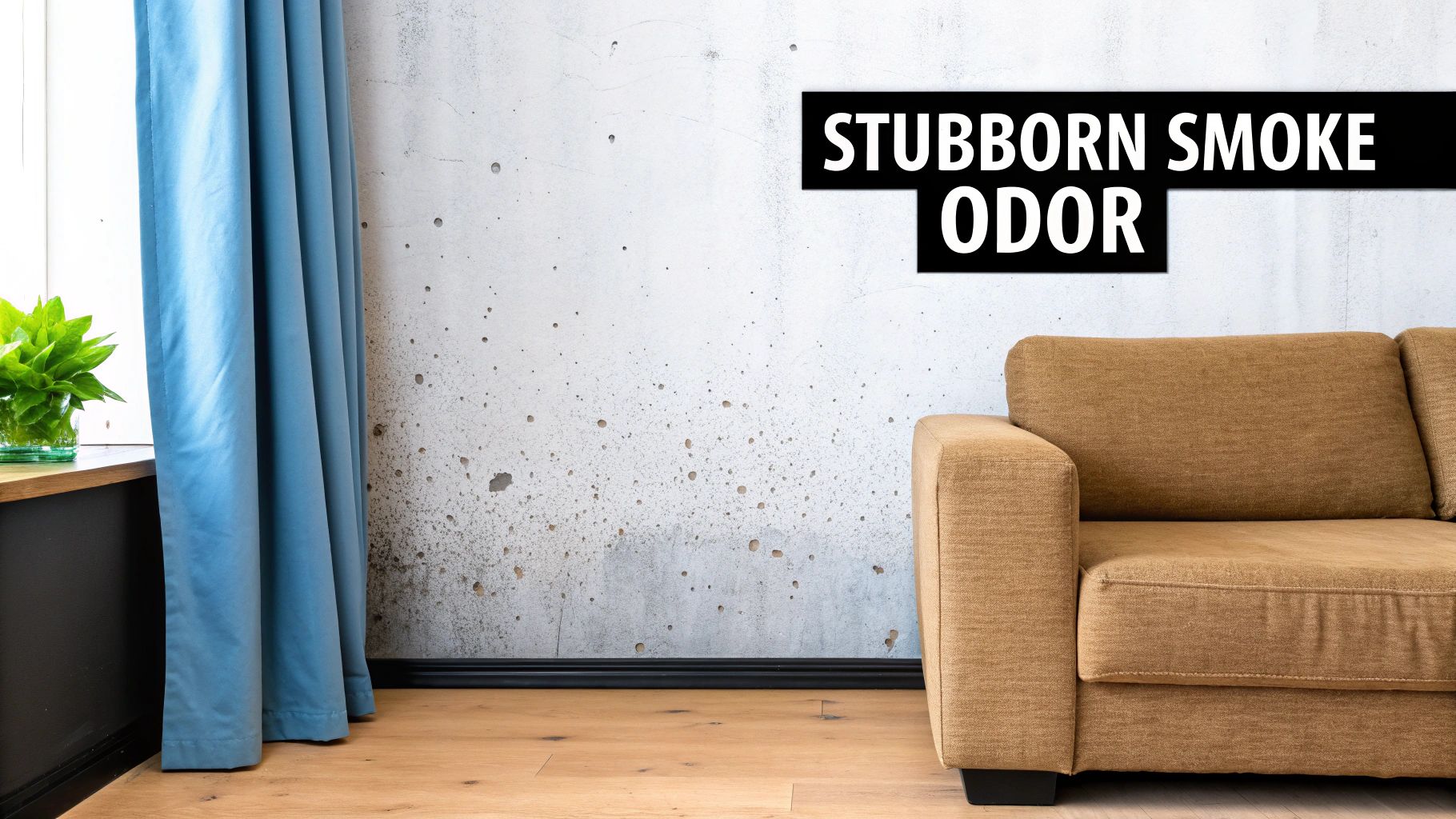 A room with a textured wall, blue curtains, a brown sofa, and text 'Stubborn Smoke Odor'.
