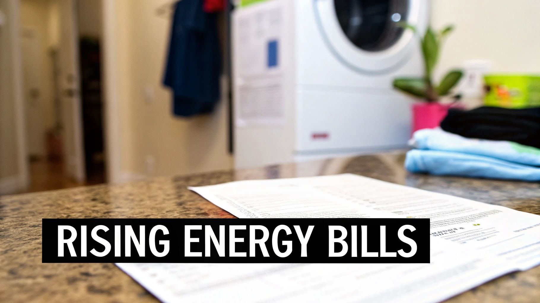 A counter with papers and a washing machine in the background, featuring text 'RISING ENERGY BILLS'.