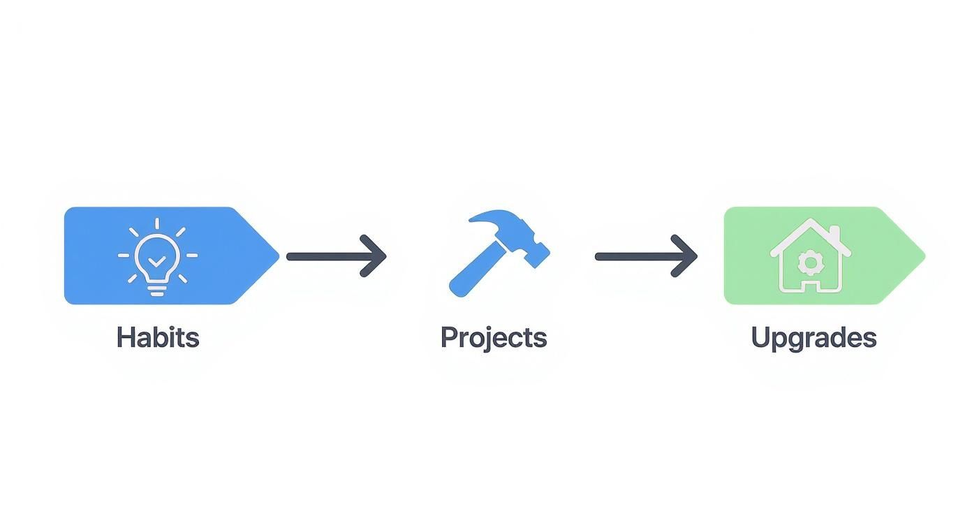 Process flow diagram showing progression from habits to projects to home upgrades improvement