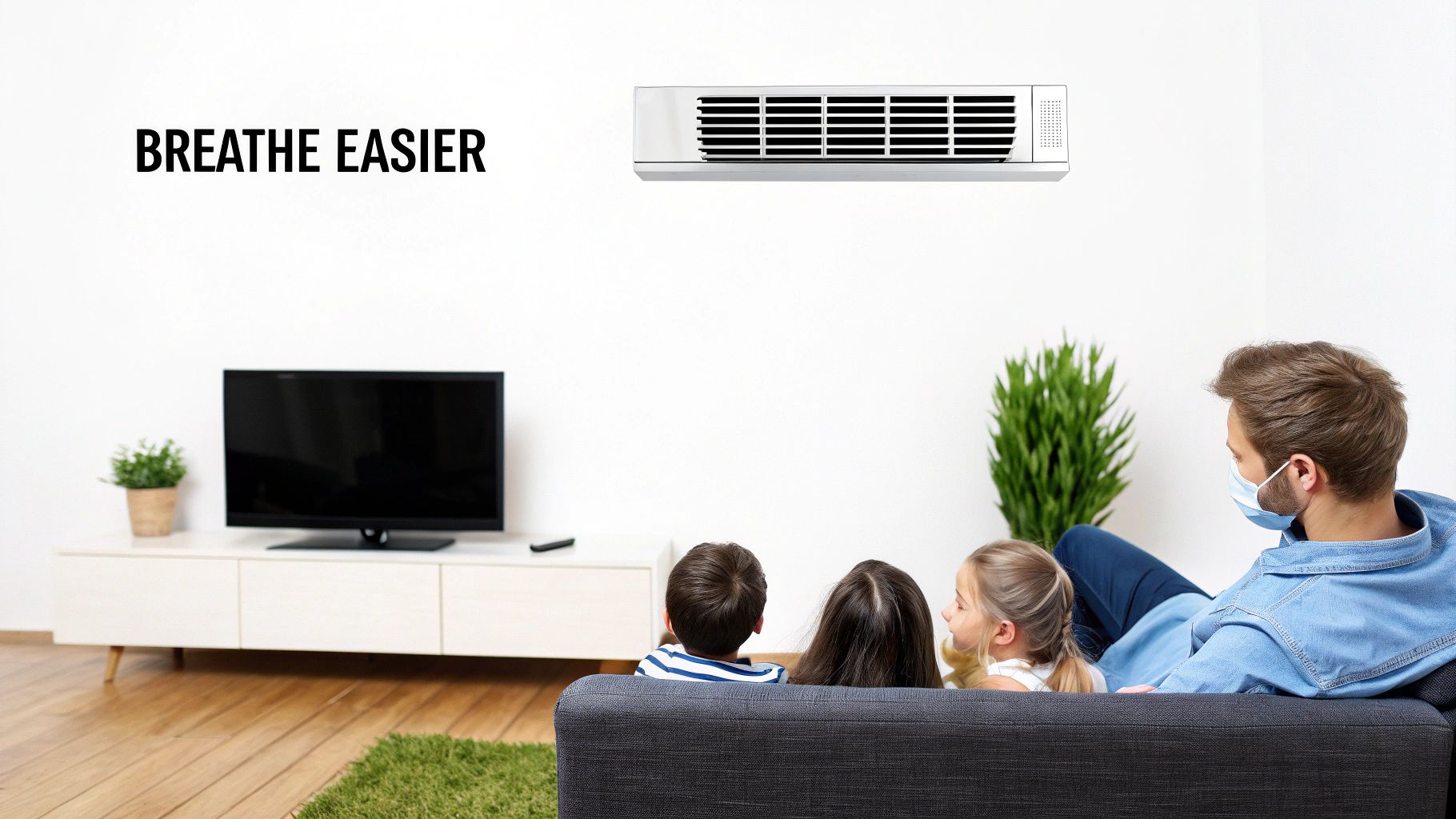 A family watches TV in a clean living room with a wall-mounted air purifier and 'BREATHE EASIER' text.