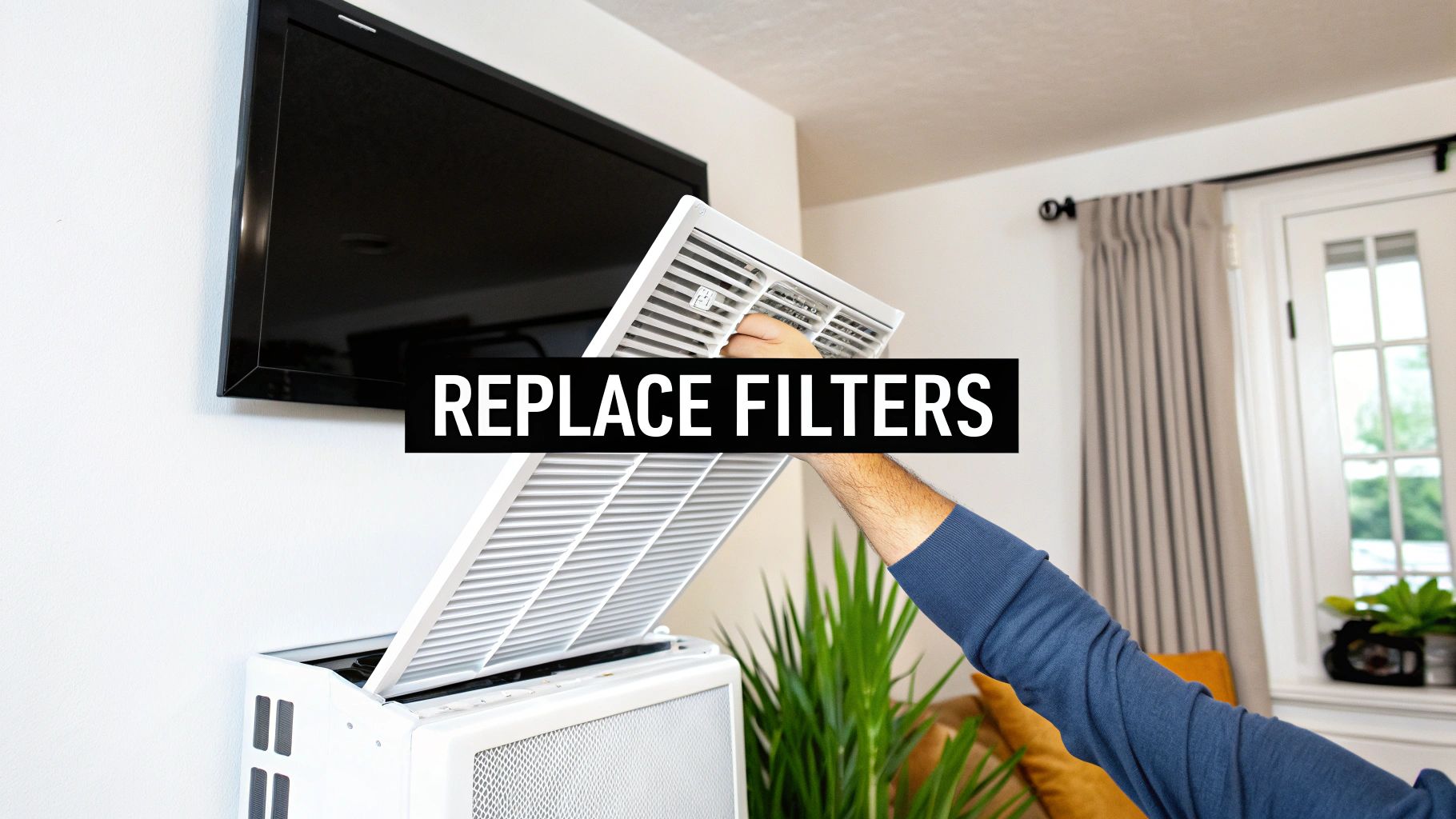 A person's arm is shown opening an air conditioning unit to replace its internal filters.