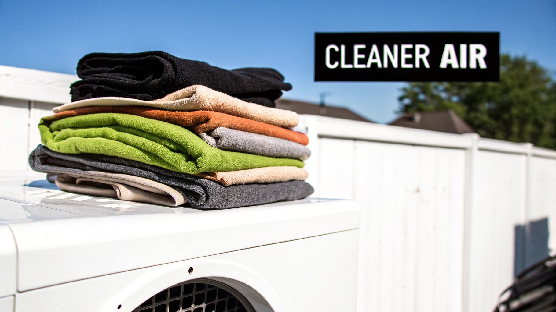 A stack of colorful clean towels on a white outdoor dryer under a blue sky, with a 'CLEANER AIR' sign.