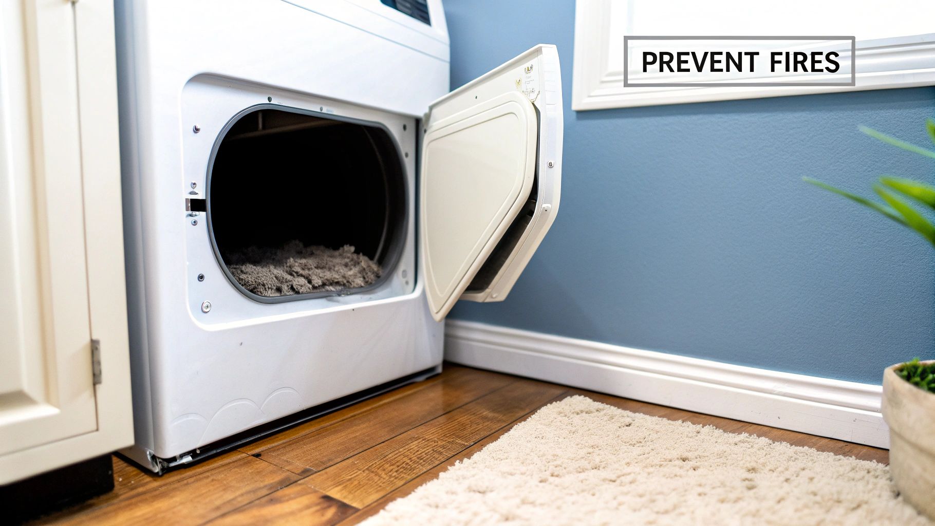 An open dryer with a thick layer of lint accumulated inside the lint trap, emphasizing fire prevention.