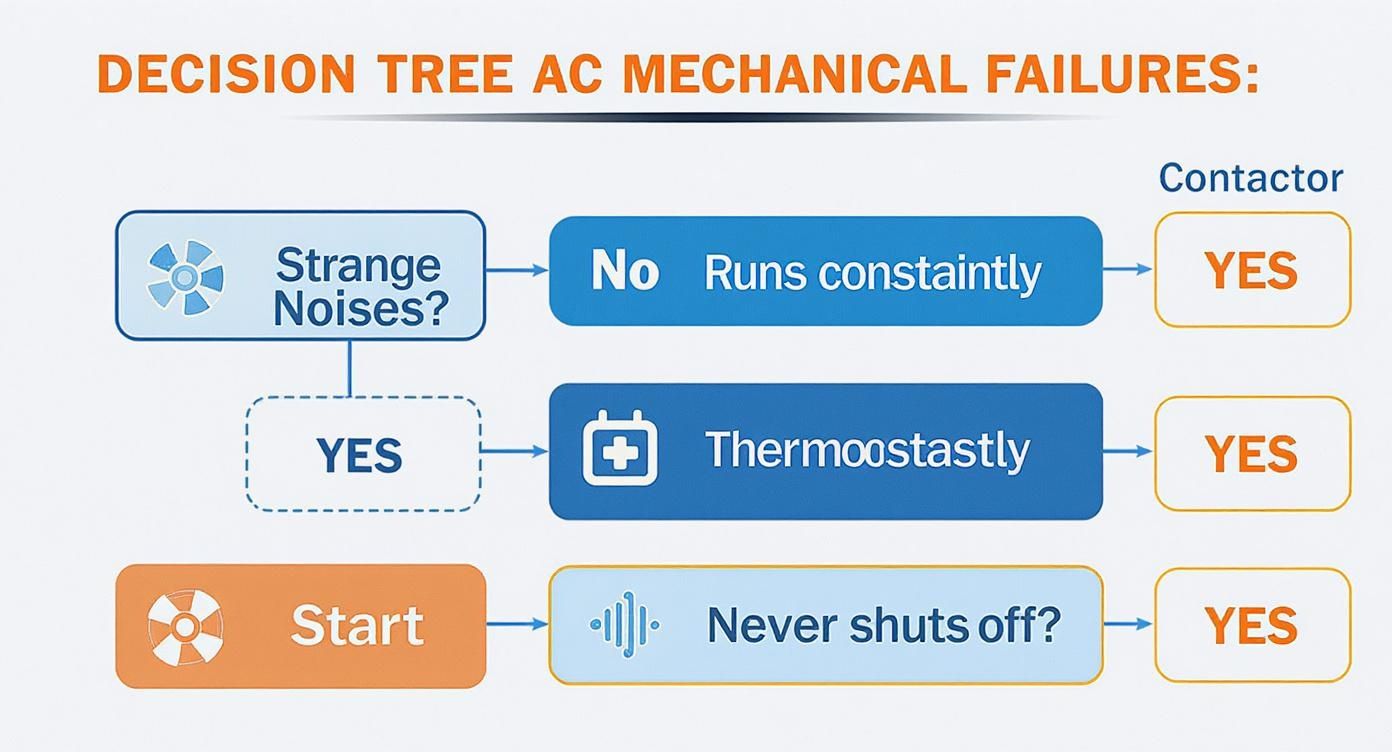 Decision tree flowchart diagnosing AC mechanical failures based on strange noises, constant running, and thermostat issues.