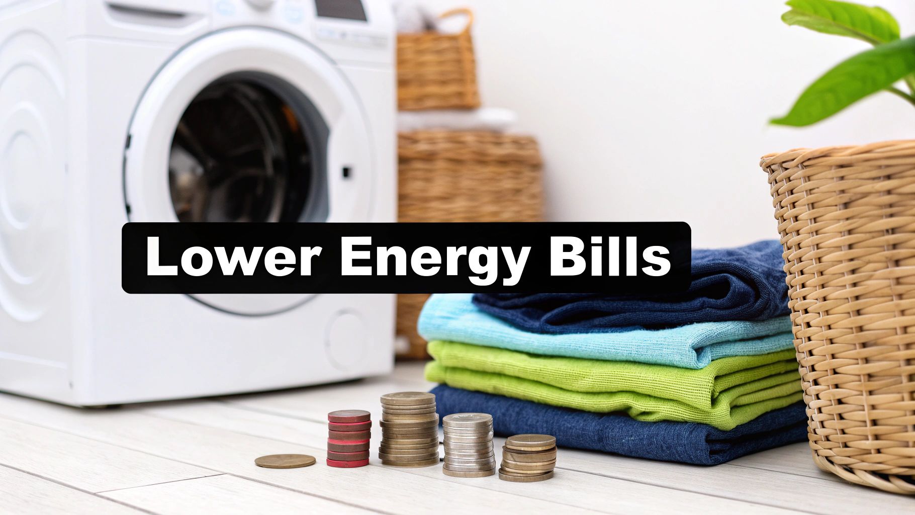 A washing machine, folded clothes, and stacks of coins illustrating how to lower energy bills.