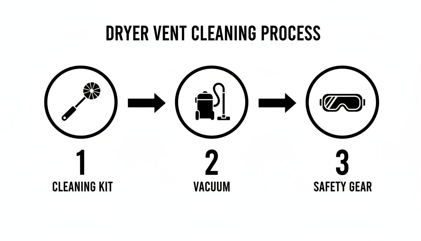 A three-step infographic showing the dryer vent cleaning process with icons for kit, vacuum, and safety gear.