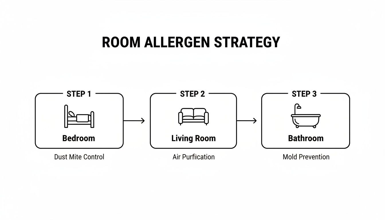 Infographic illustrating a three-step room allergen strategy for home, covering bedroom, living room, and bathroom.