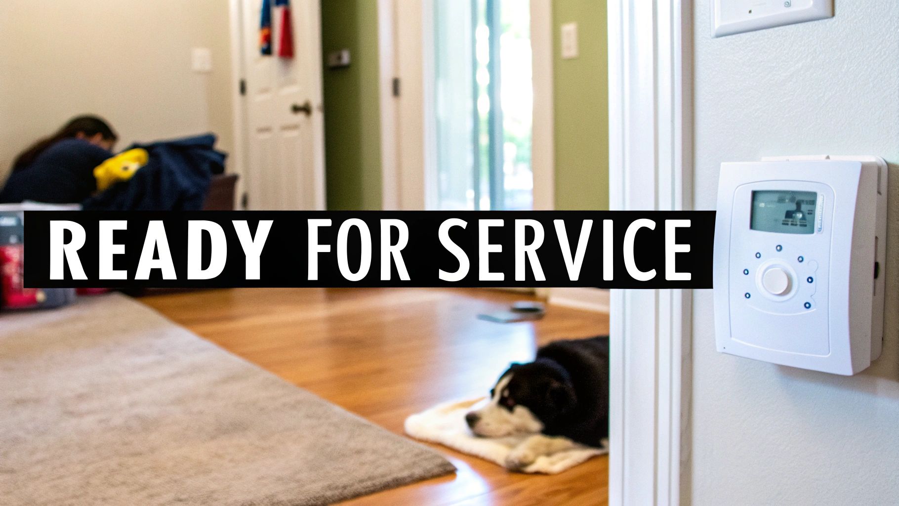 A &#39;READY FOR SERVICE&#39; banner over a home scene, featuring a sleeping dog and a wall control panel.