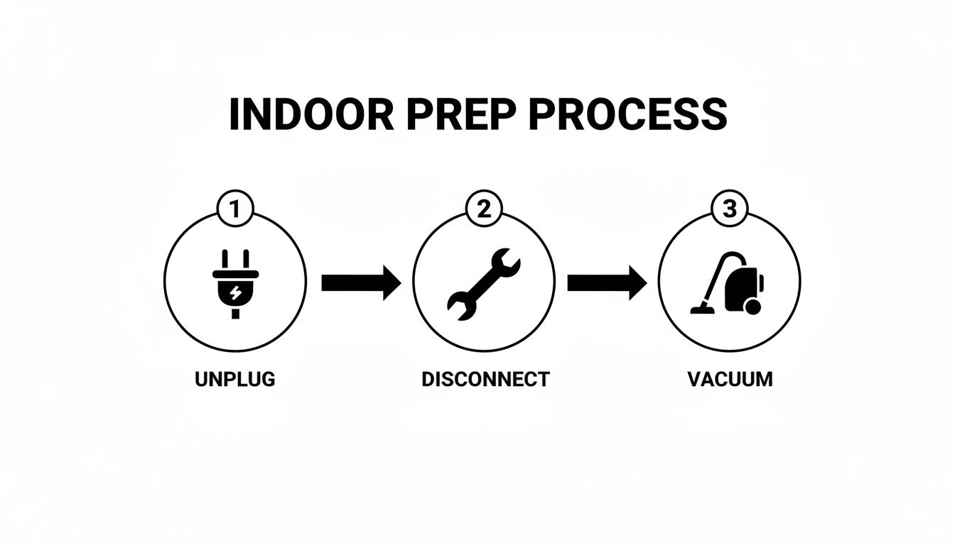 A diagram illustrating the indoor preparation process with three steps: unplug, disconnect, and vacuum.