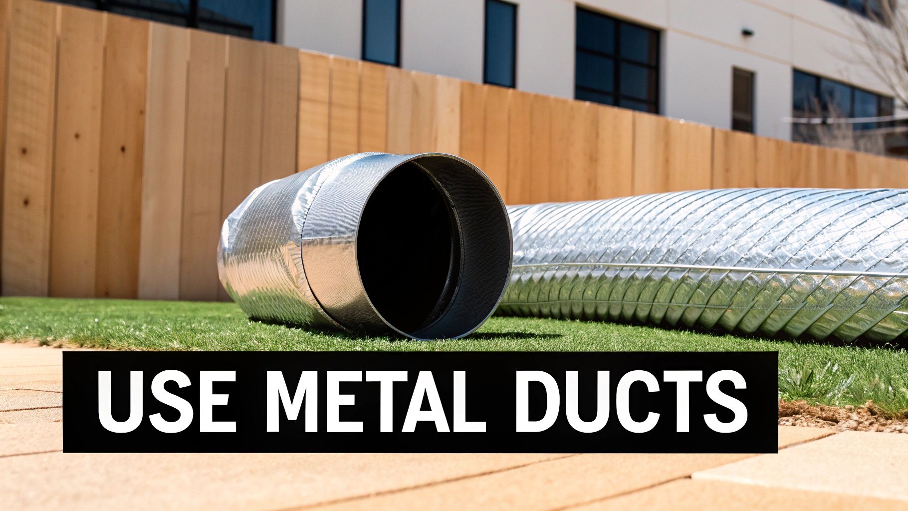 Two flexible metal ducts lying on green grass next to a wooden fence and modern building.