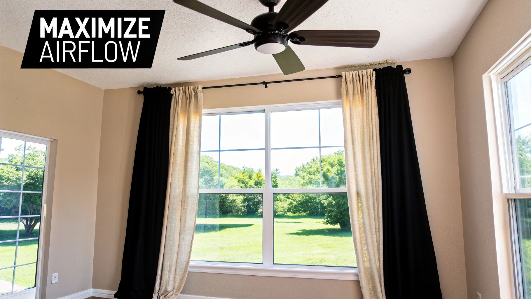 An indoor room with a ceiling fan, open windows to a green yard, and curtains, promoting air circulation.