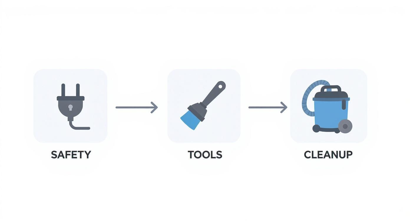 A three-step diagram showing icons for safety (electrical plug), tools (brush), and cleanup (vacuum cleaner).