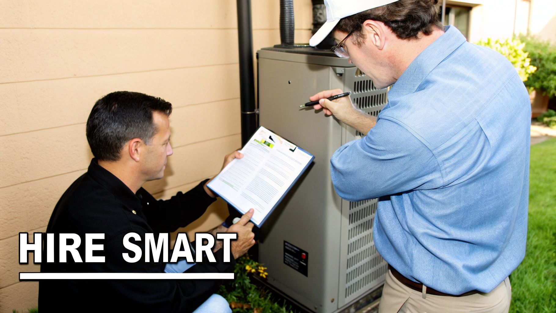 A professional technician inspects an HVAC system with a flashlight.