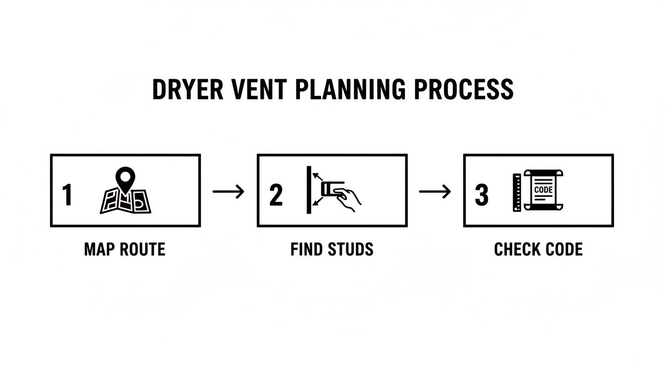 A three-step dryer vent planning process: map route, find studs, and check code.