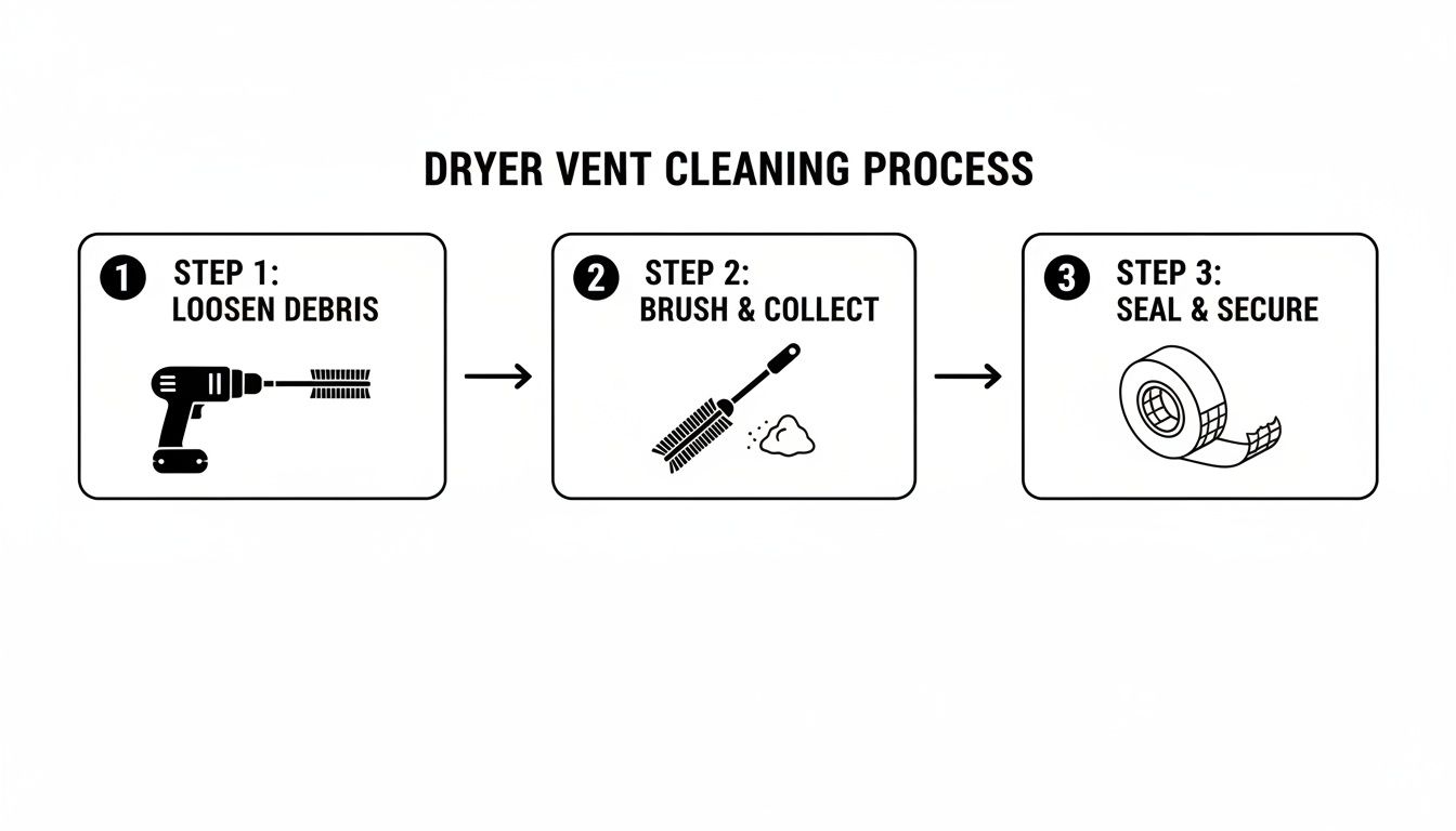 A three-step infographic outlining the dryer vent cleaning process: loosen debris, brush and collect, then seal.