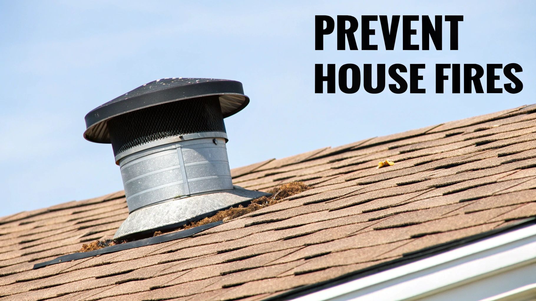 Clogged dryer vent on a residential shingled roof with debris, illustrating the importance of fire prevention.