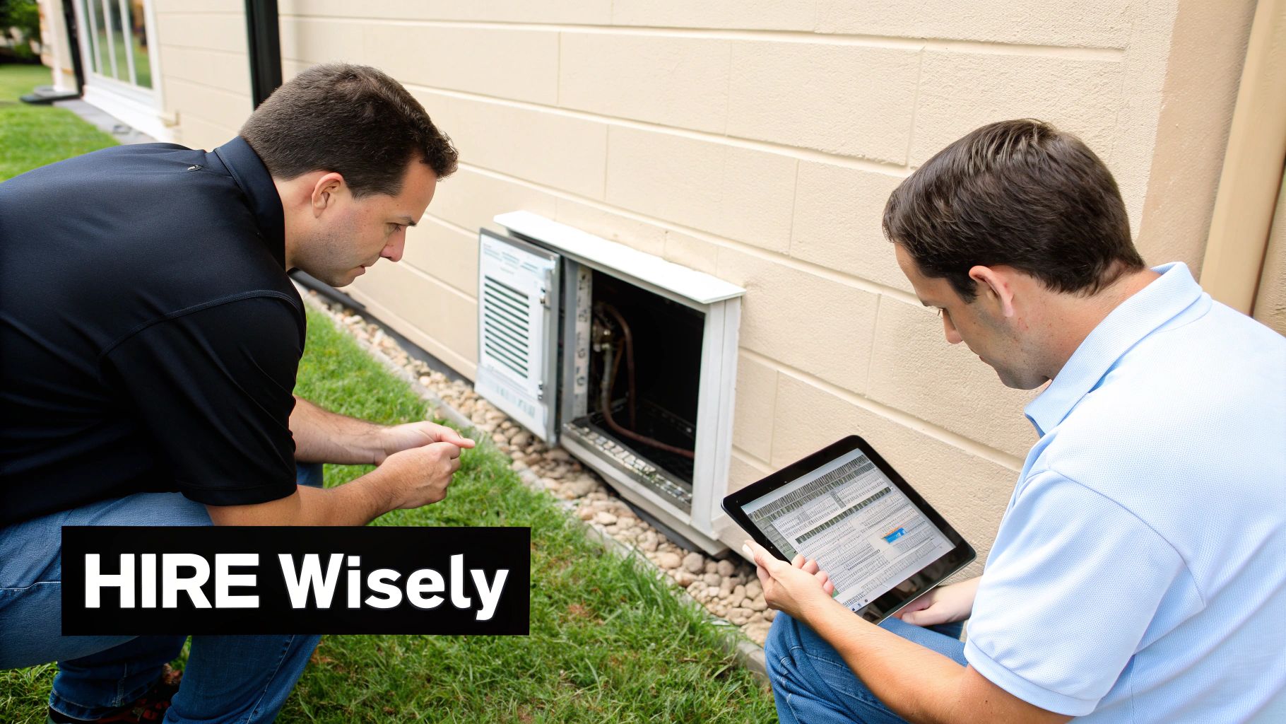 Two professional men inspecting an outdoor HVAC unit, one reviewing data on a tablet.