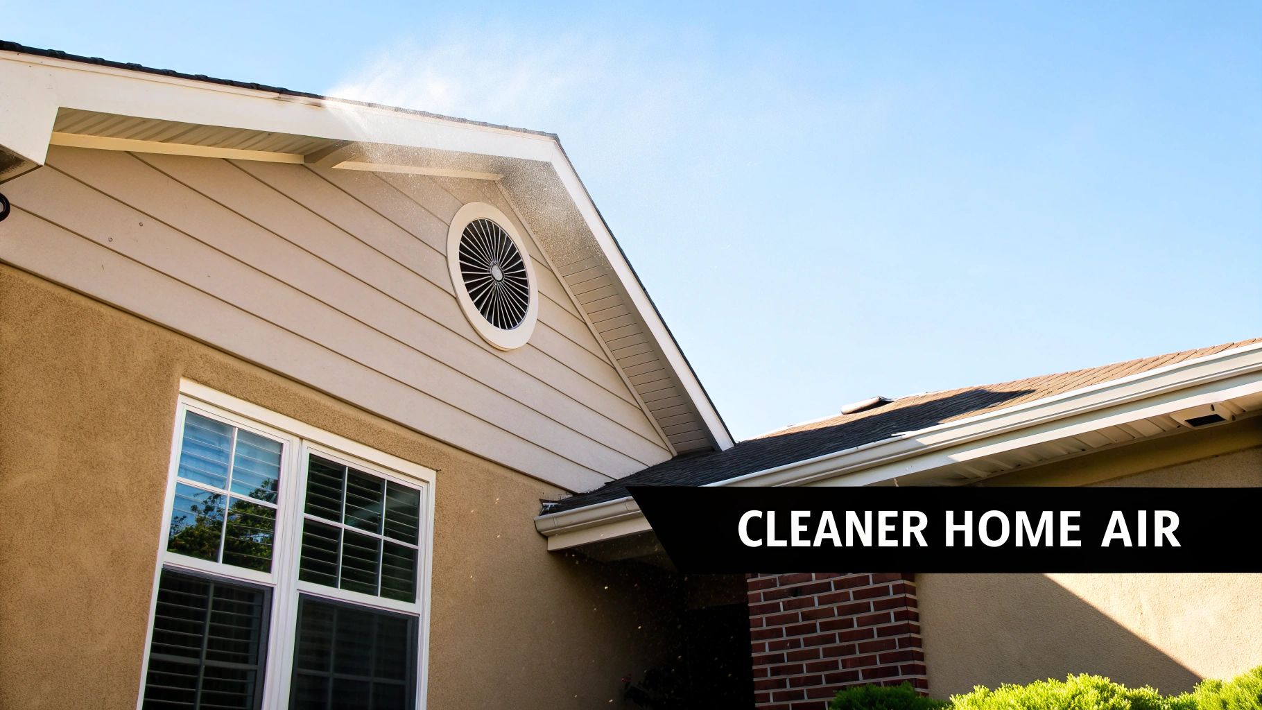 Side of a house with tan siding, a round attic vent, and a misting system for cleaner home air.