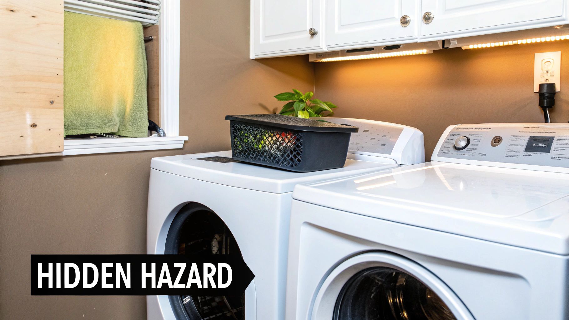 A laundry room with a white washer and dryer, under-cabinet lighting, and a towel in a window.