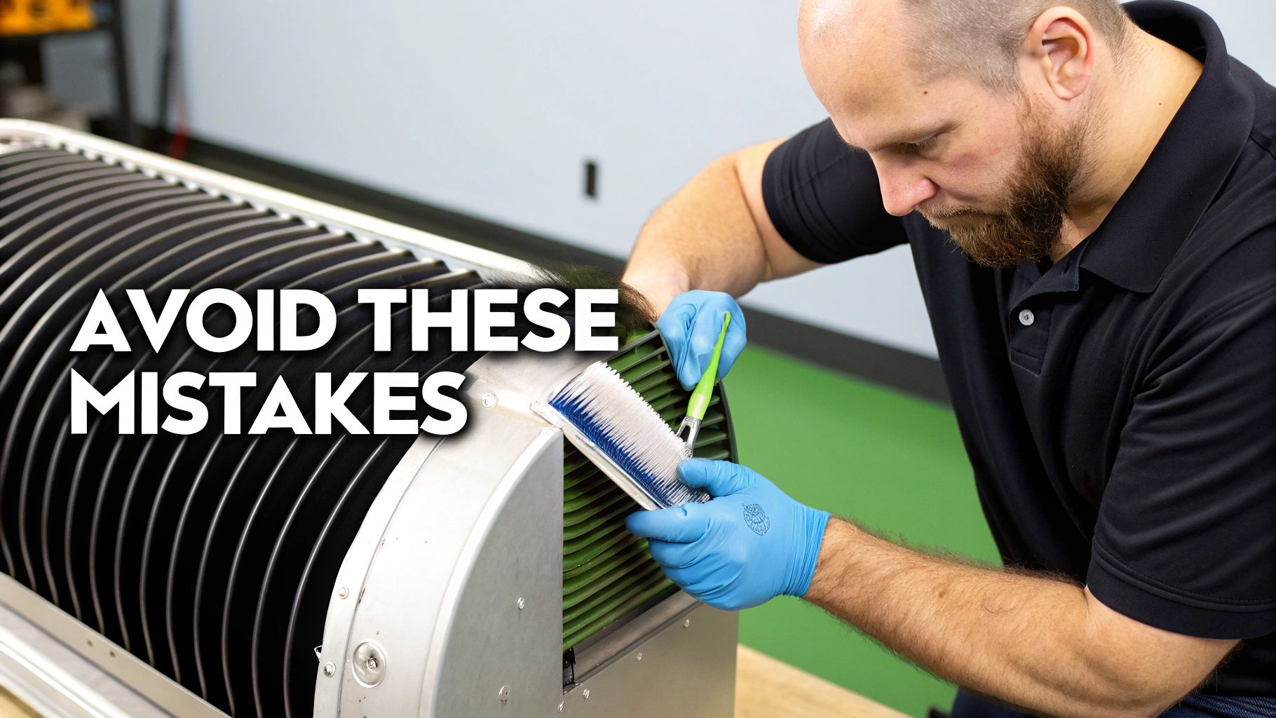 Man in blue gloves meticulously cleaning an industrial condenser coil unit with a brush.