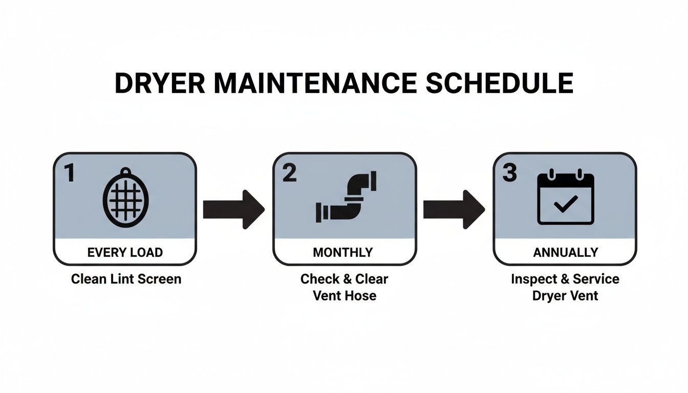 Dryer maintenance schedule: clean lint screen every load, check vent hose monthly, inspect annually.