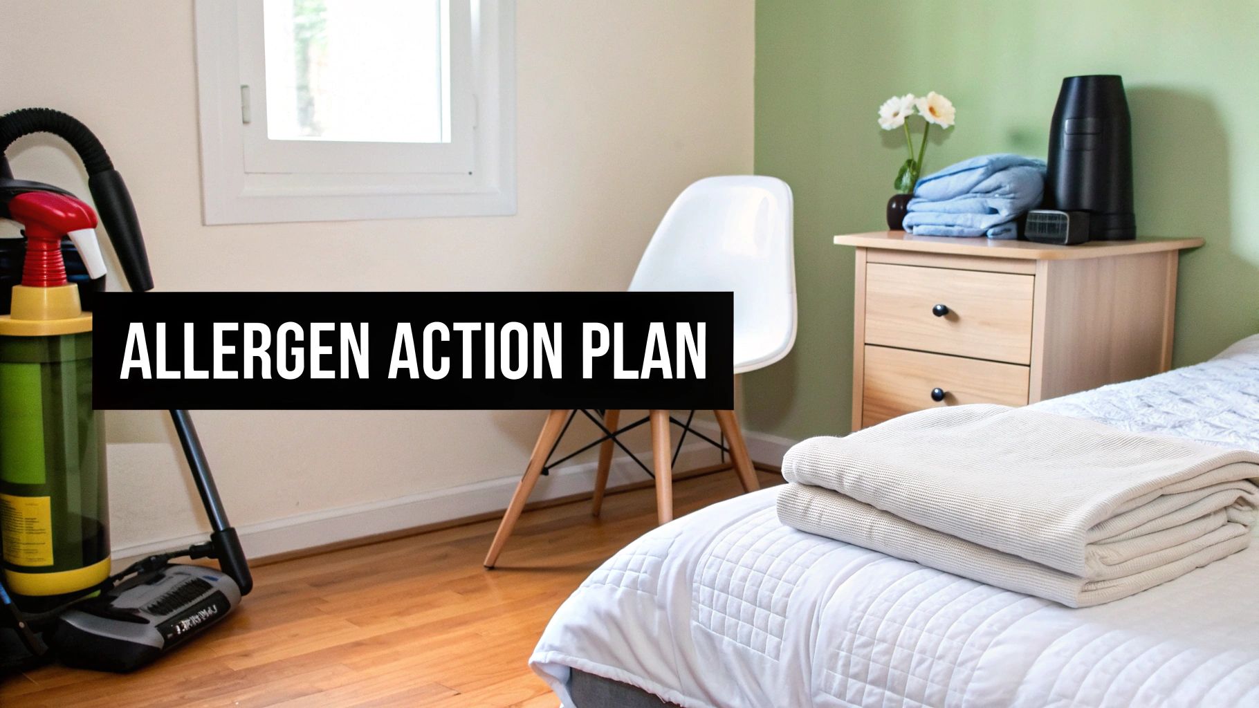A bedroom scene featuring a vacuum cleaner, air purifier, and clean bed with an 'Allergen Action Plan' text overlay.