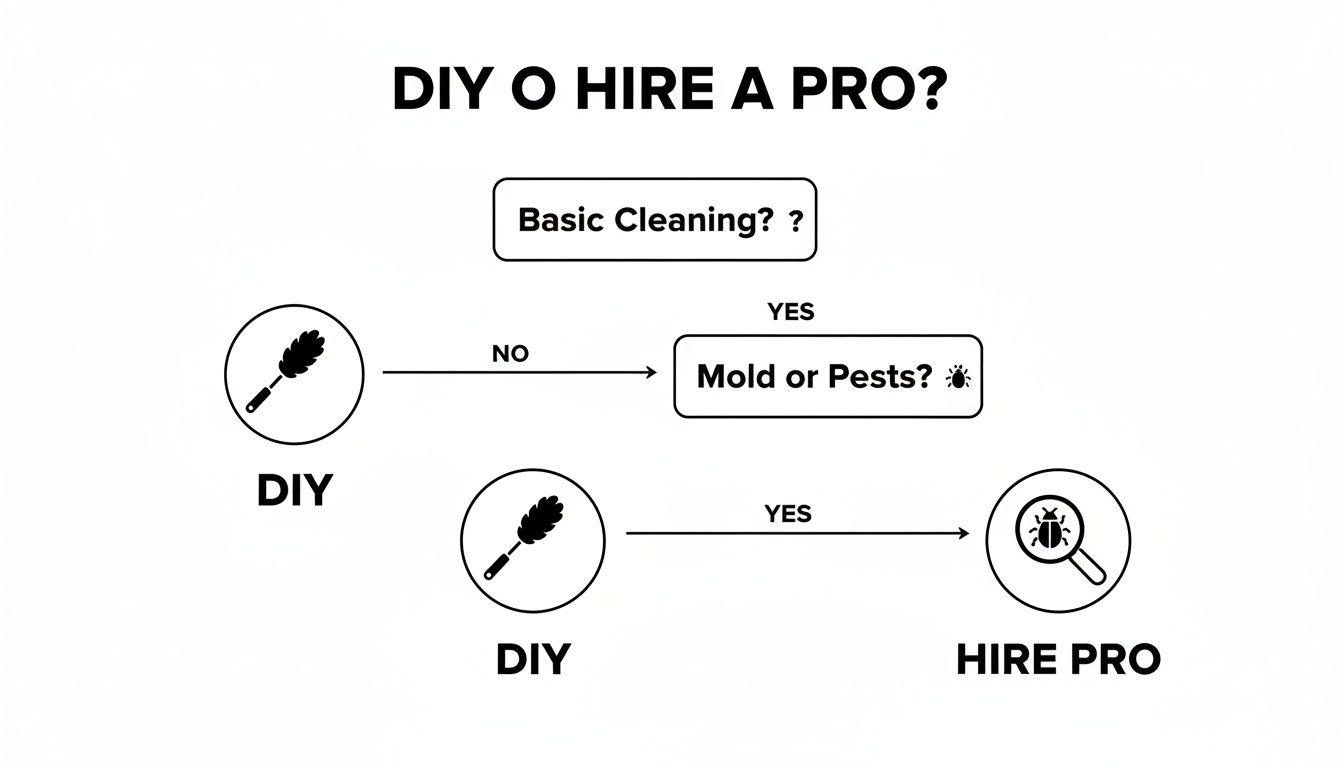 A flowchart guides users to DIY basic cleaning or hire a pro for mold and pest issues.
