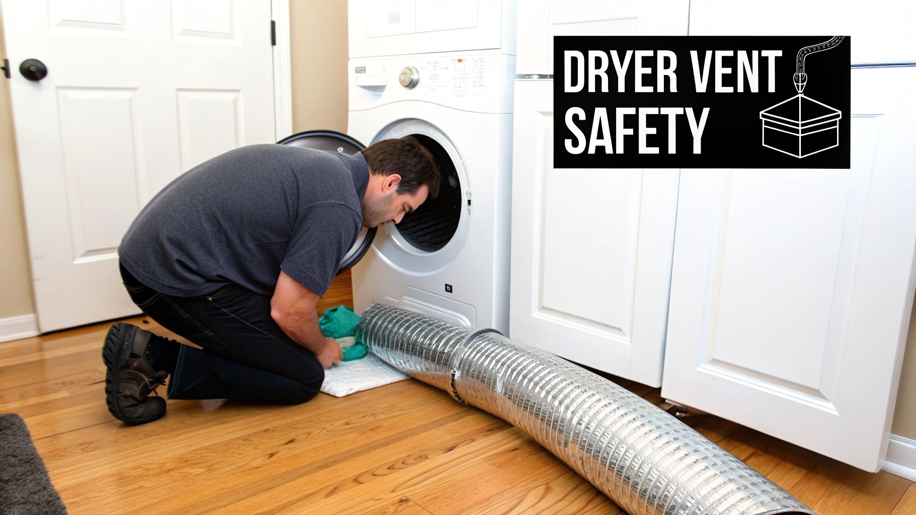 A man kneels on a wooden floor, inspecting a flexible dryer vent hose next to a white stacked washer and dryer.