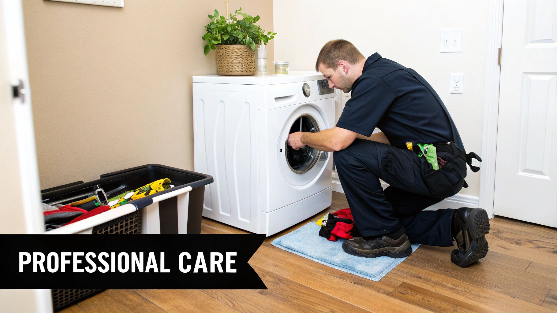 A professional technician in a dark uniform and tool belt repairs a white front-load washing machine in a laundry room.