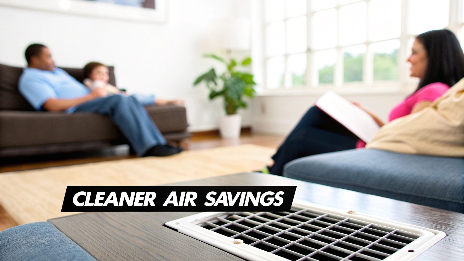 Family relaxing in a living room with a prominent floor vent and 'CLEANER AIR SAVINGS' message.