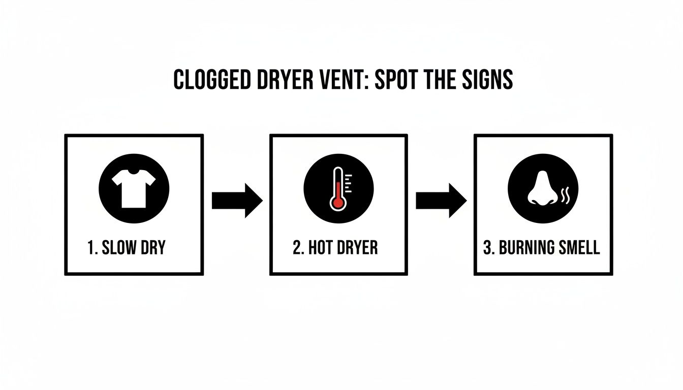 A flowchart illustrates three signs of a clogged dryer vent: slow dry, hot dryer, and burning smell.