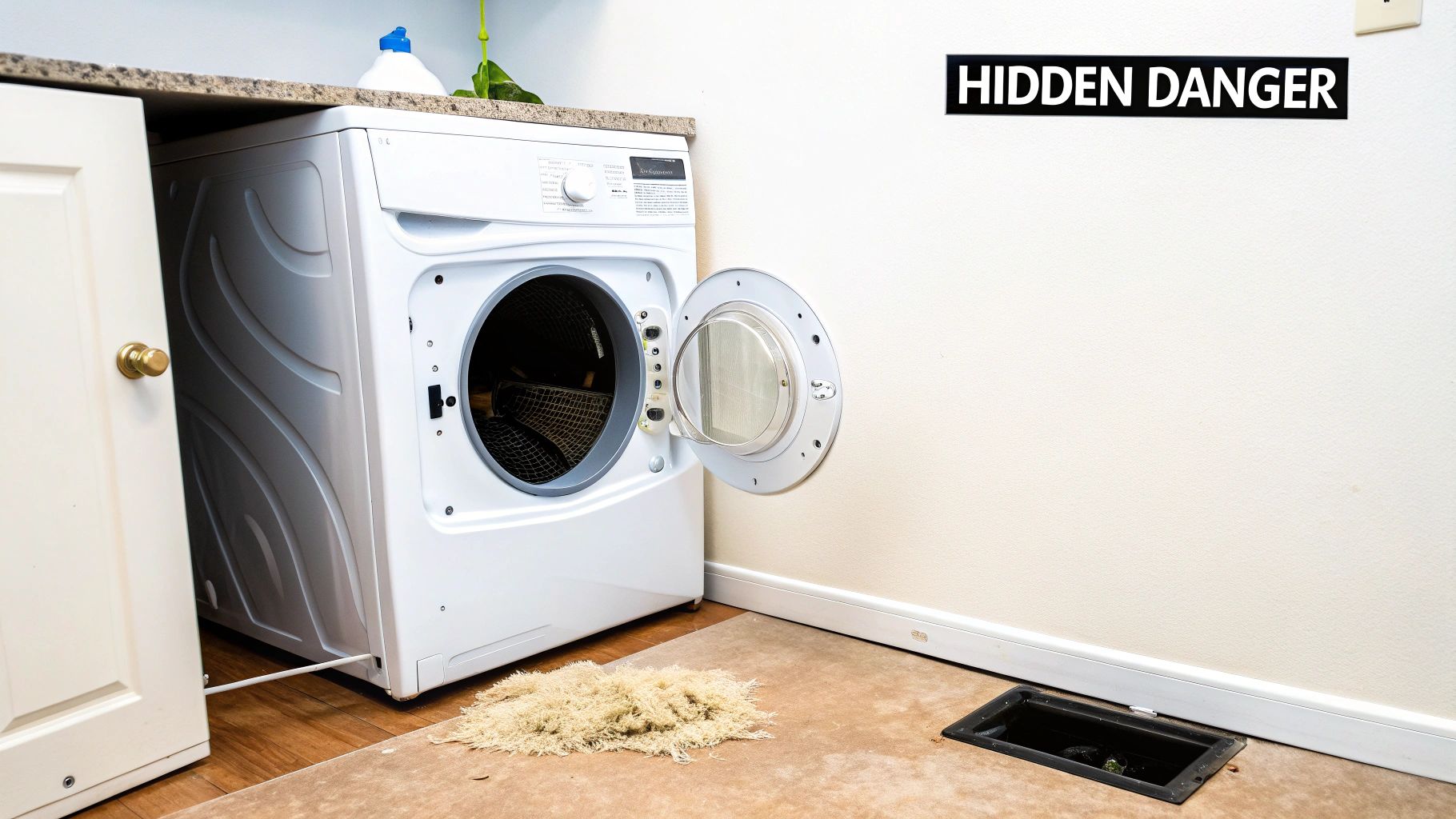 A washing machine, a large pile of dryer lint on the floor, and an open floor vent, signaling a hidden danger.