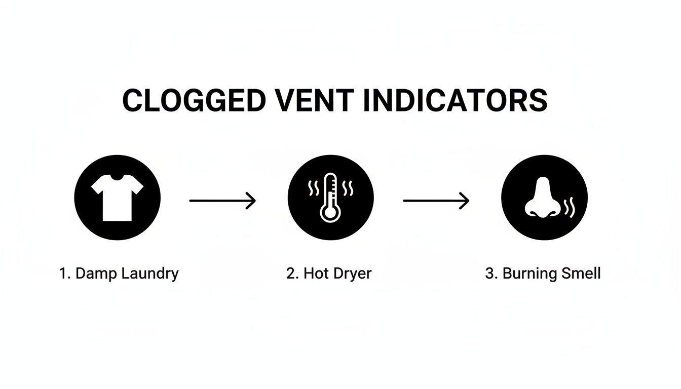 Flowchart illustrating three indicators of a clogged dryer vent: damp laundry, a hot dryer, and a burning smell.