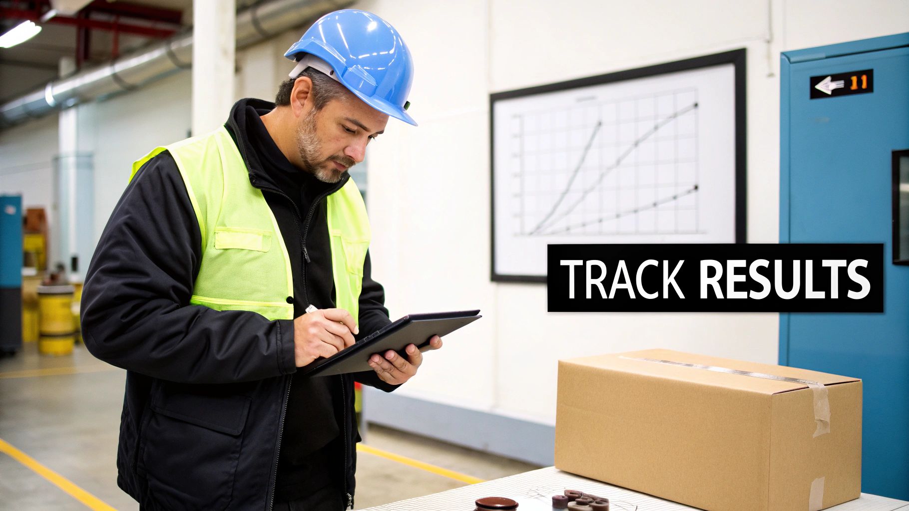 A facility manager reviewing a digital maintenance schedule on a tablet while standing in a clean, well-lit mechanical room.
