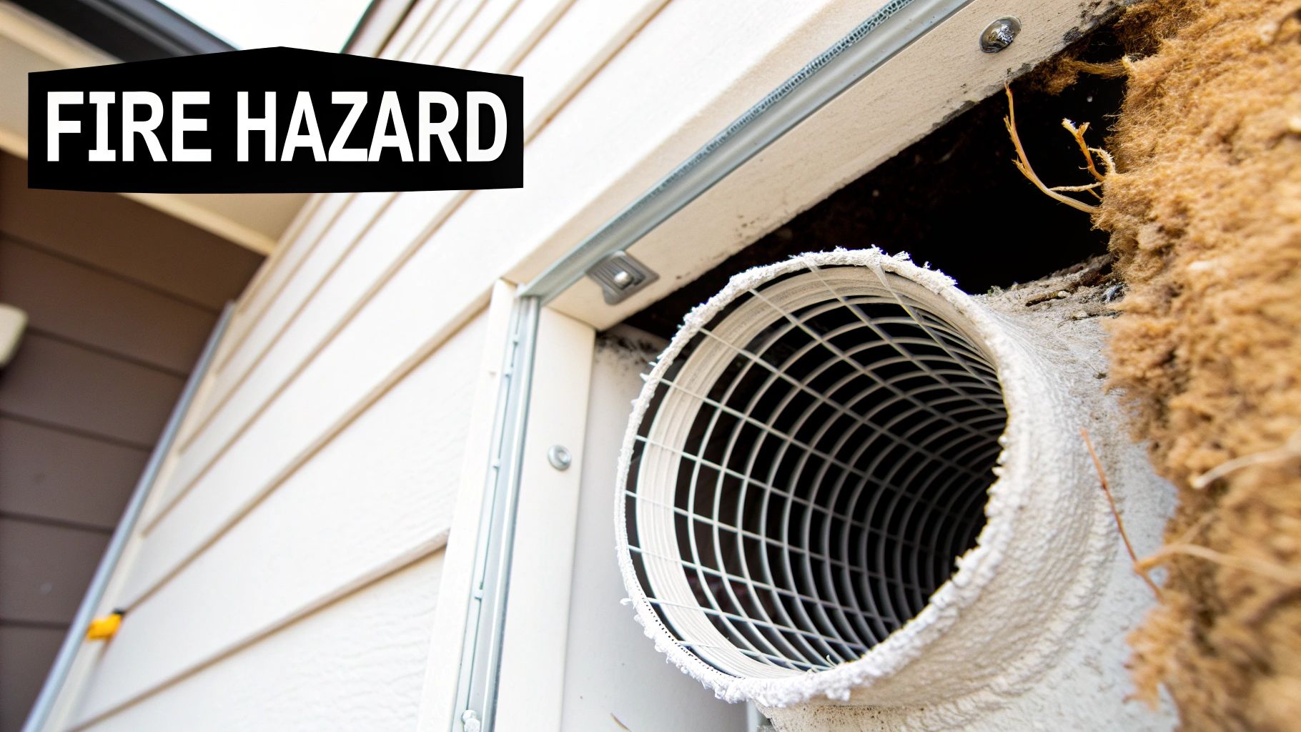 Outdoor dryer vent showing severe lint accumulation and insulation, clearly marked as a fire hazard.