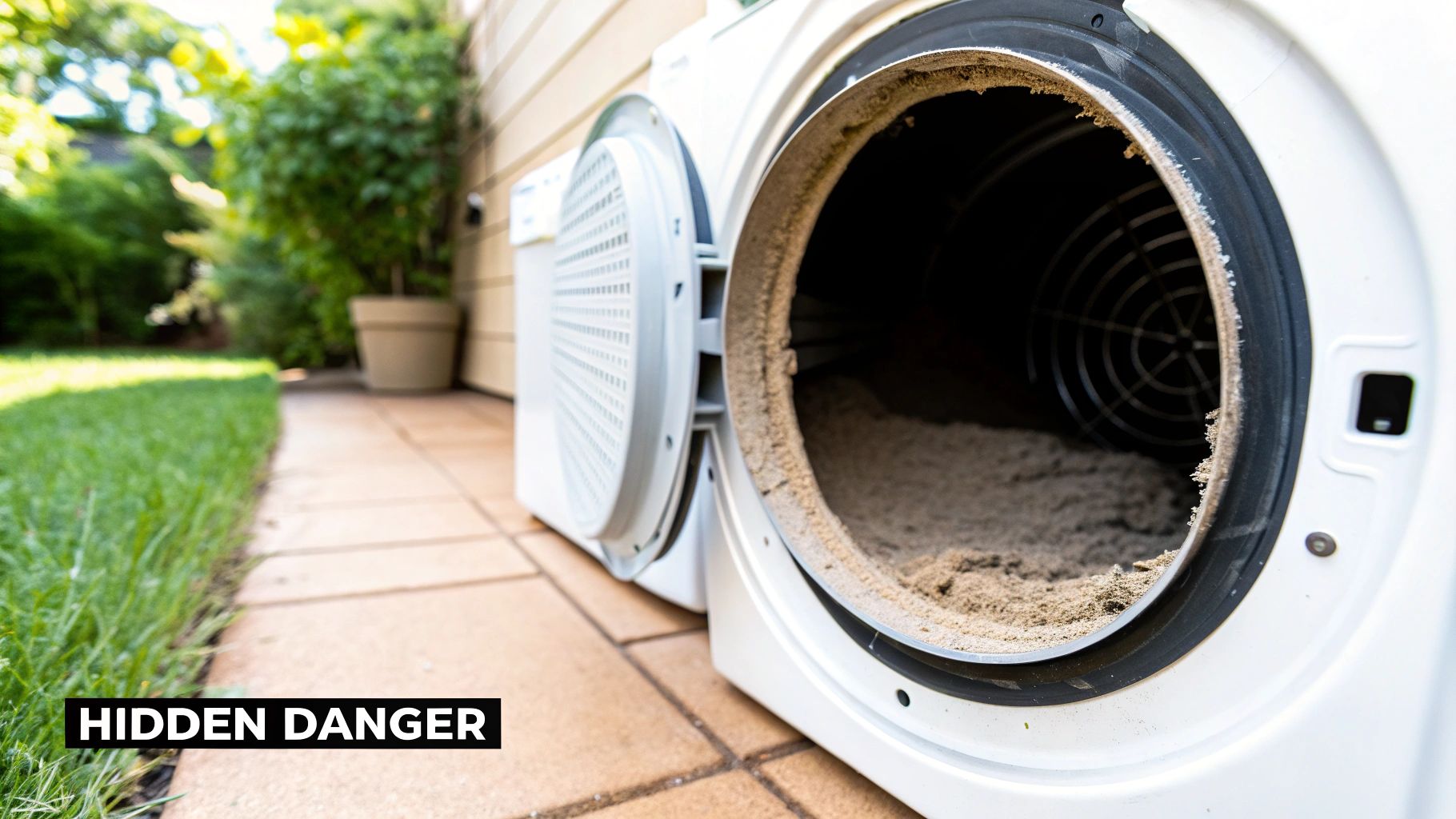 A white clothes dryer with its door open, revealing a thick, dangerous buildup of lint and dust.