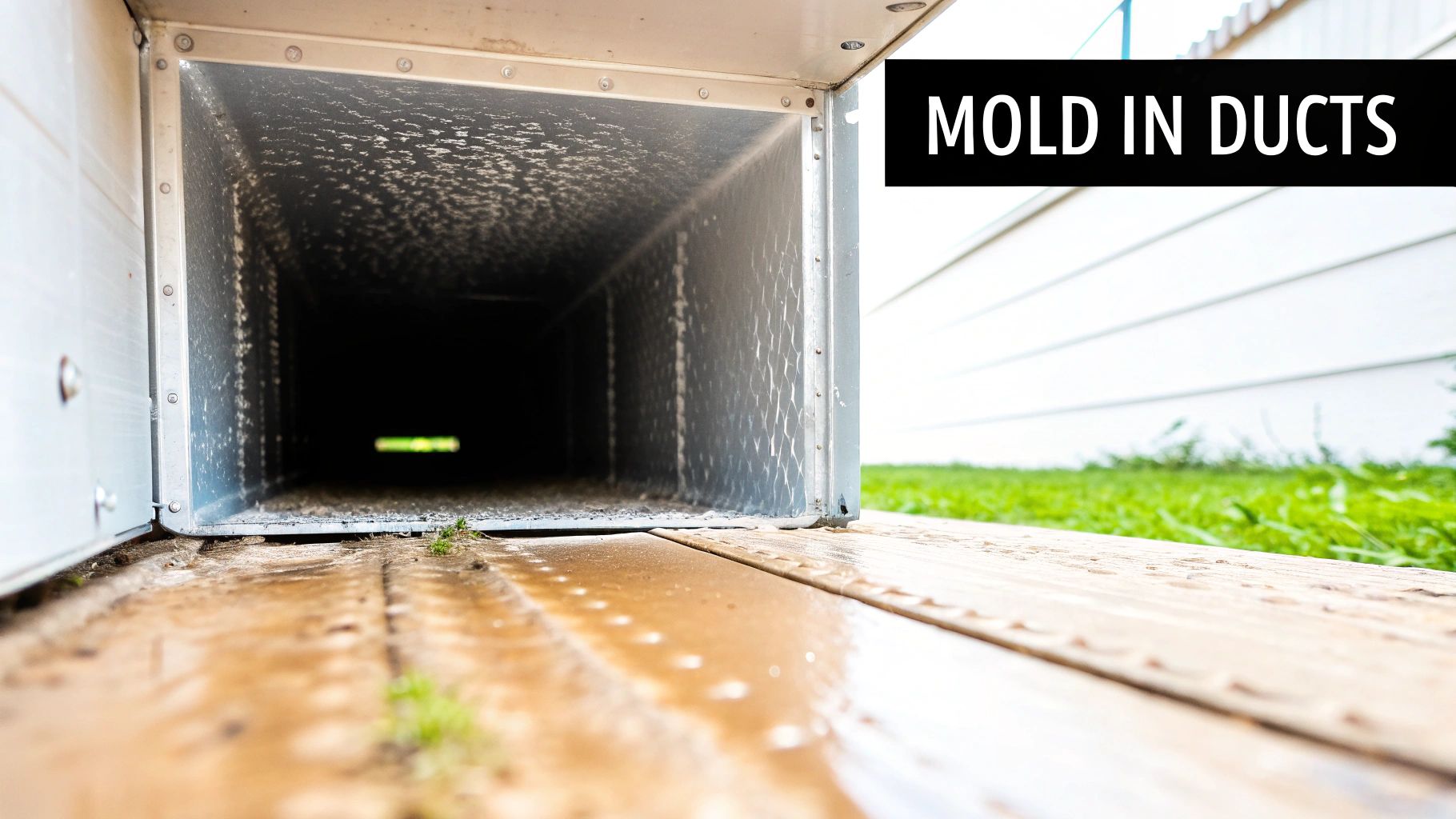 Close-up view inside a dirty air duct showing significant mold growth on the metal walls.