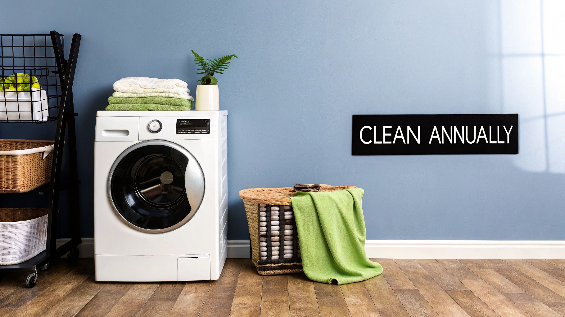 Modern laundry room with a white washing machine, laundry baskets, towels, and a cleaning sign.