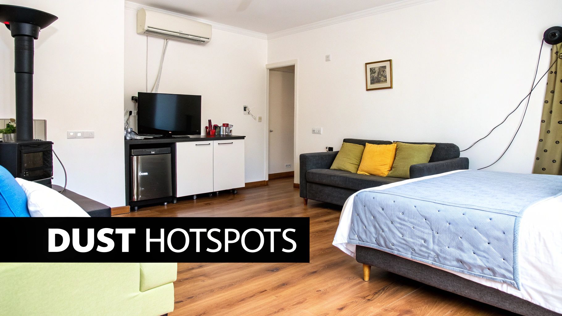 A clean, minimalist living room with hardwood floors and a large window.