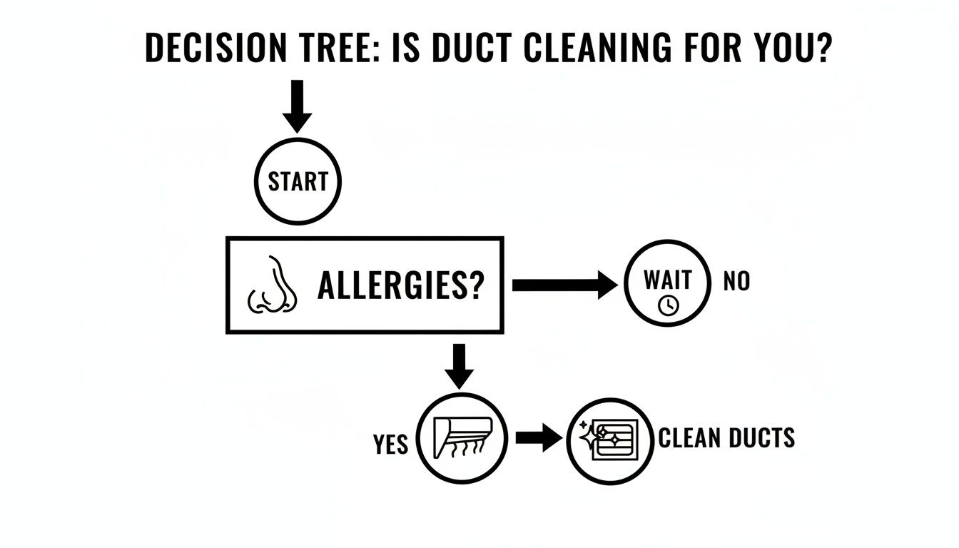 A decision tree flowchart titled 'Is Duct Cleaning For You?', guiding based on allergies.