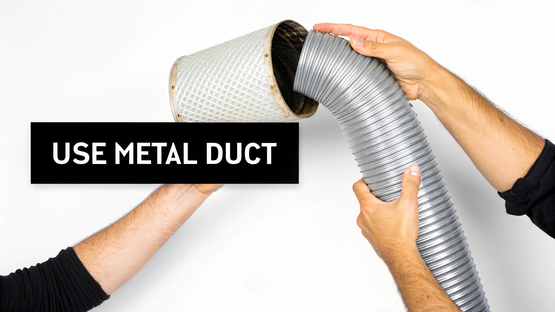 Hands connecting a flexible metal duct to a cylindrical vent pipe, with text 'USE METAL DUCT'.
