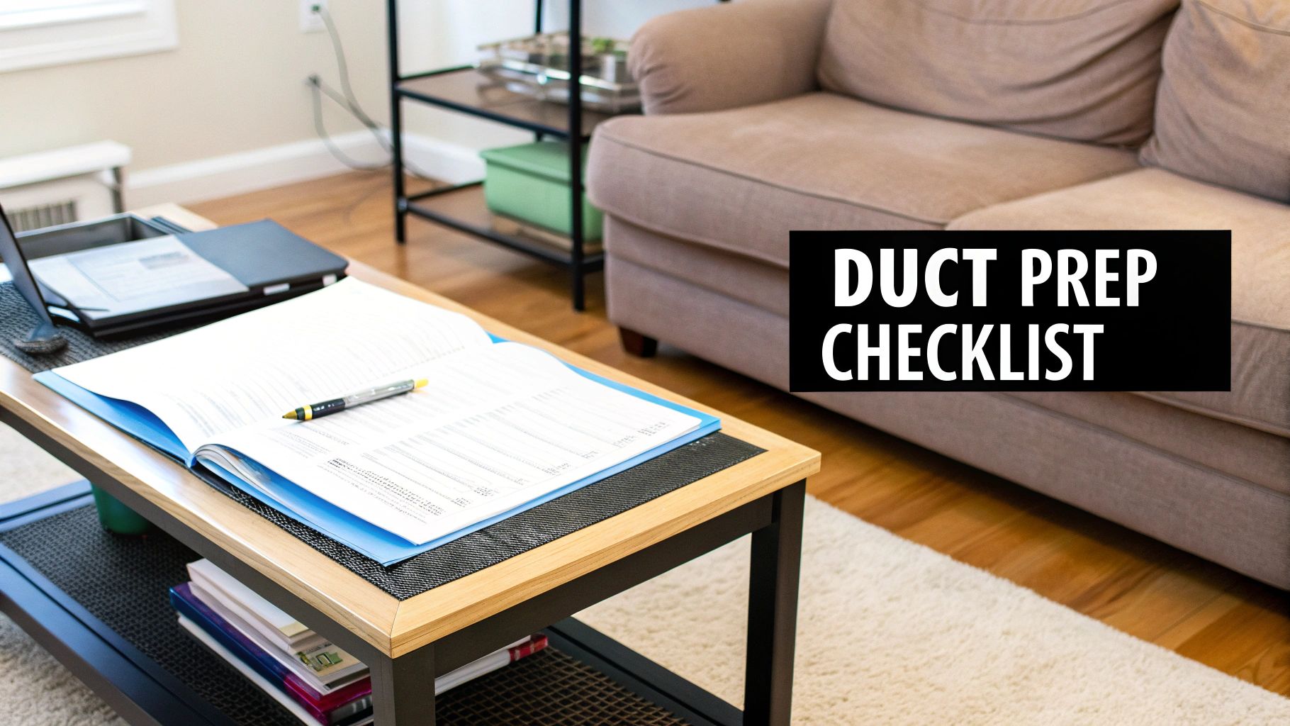 A binder with a pen on a coffee table in a living room, featuring a &#39;DUCT PREP CHECKLIST&#39; text.