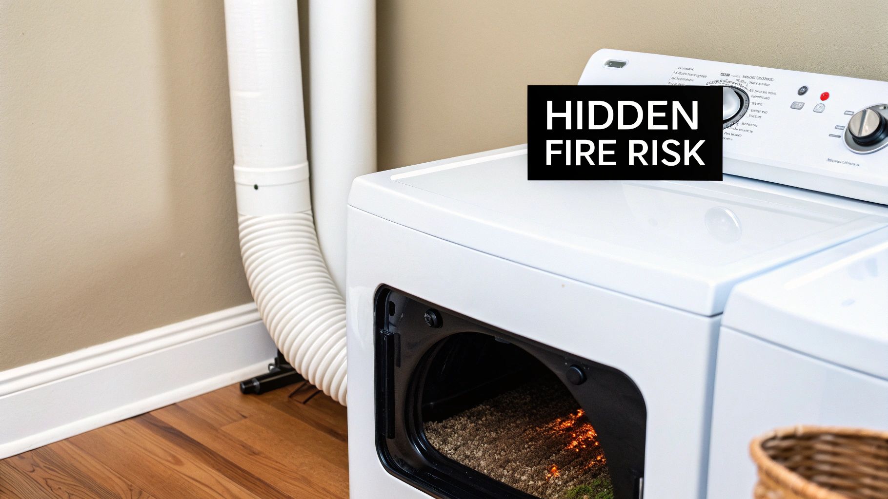 A white clothes dryer with its door open, showing glowing lint and a warning 'HIDDEN FIRE RISK'.