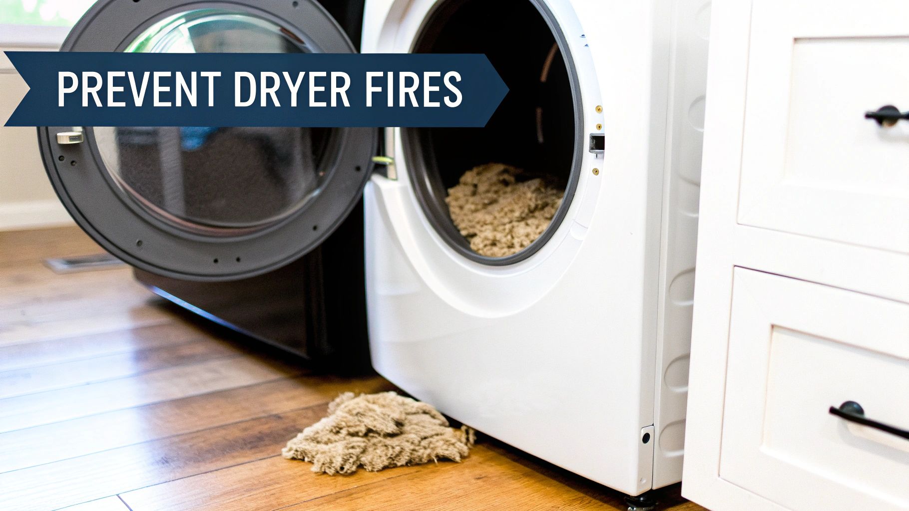 White dryer with open door full of lint, and lint on wooden floor, reminding to prevent dryer fires.