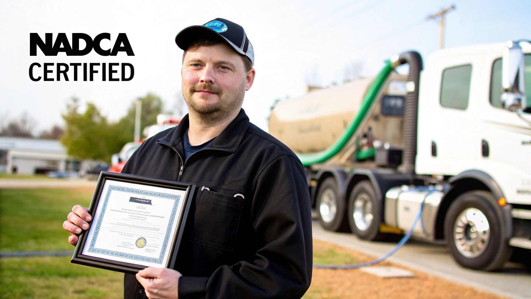NADCA certified professional holding certificate in front of air duct cleaning service truck