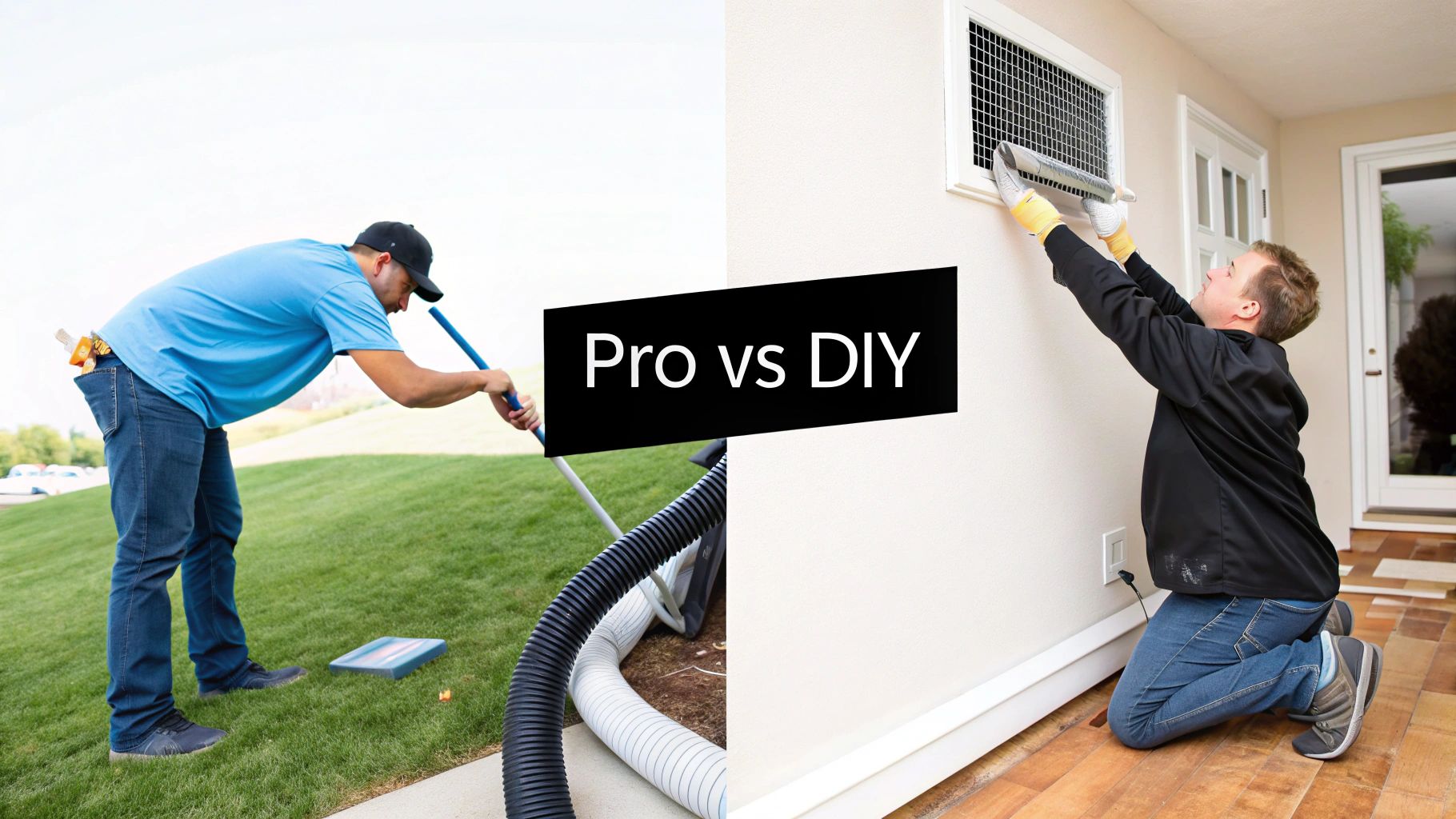 A side-by-side image illustrating outdoor and indoor duct cleaning, highlighting &#39;Pro vs DIY&#39; approaches.