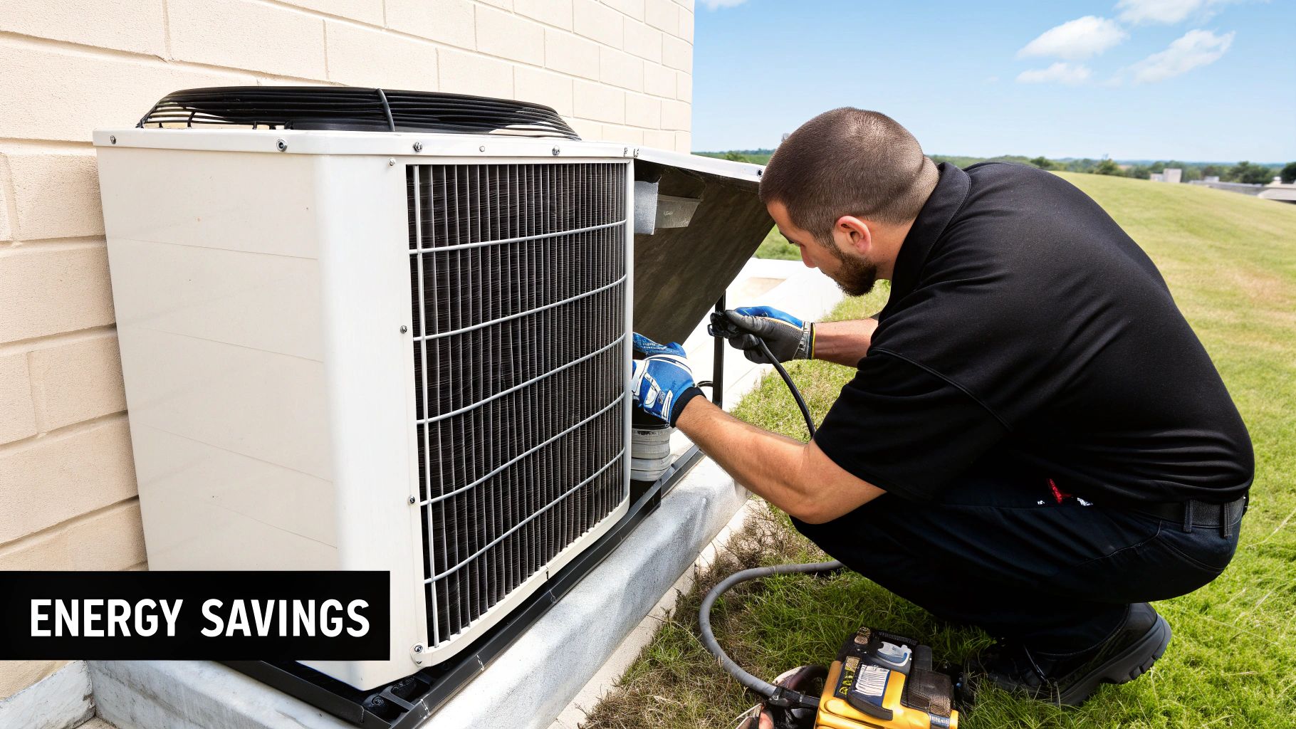 A technician wearing blue gloves services an outdoor air conditioning unit, suggesting energy savings.