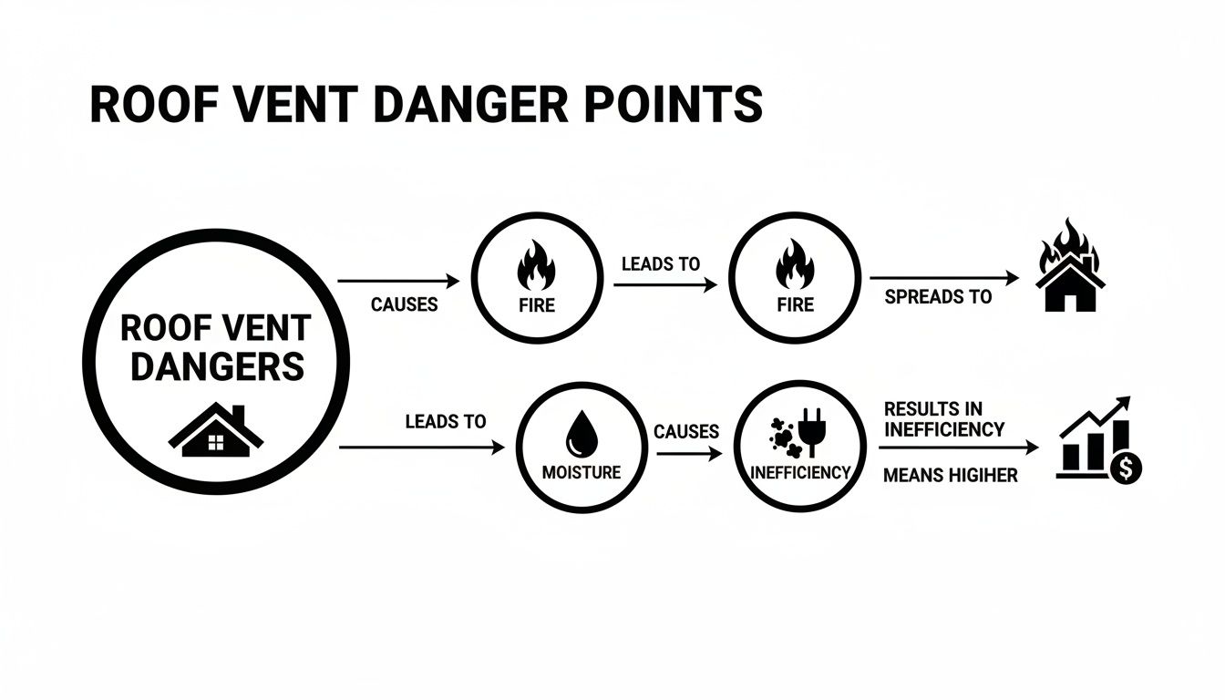 Flowchart illustrating roof vent dangers, showing risks of fire spreading to a house and moisture causing inefficiency and higher costs.