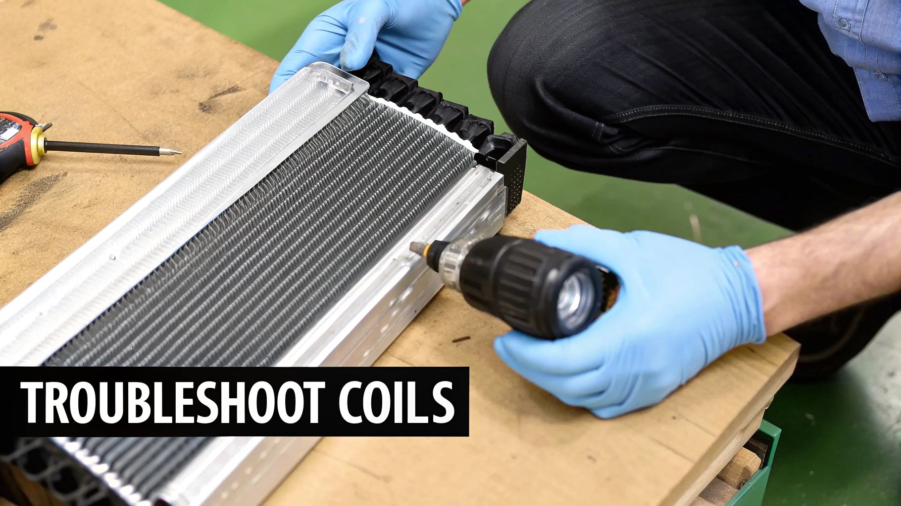 A person in blue gloves using a screwdriver to troubleshoot evaporator coils on a workbench.