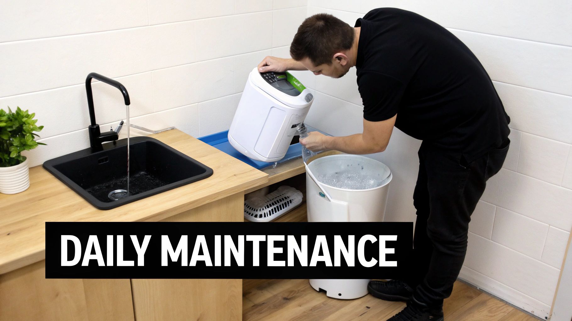 A man performs daily maintenance, pouring water from a small white appliance into a bucket of ice.